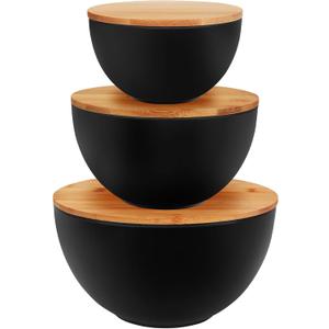 ShineMe Salad Bowl Set of 3, Natural Bamboo Fiber Salad Serving Bowls with Lids, Mixing Bowl for Preparing and Serving Salad, Cereal, Fruit, Veggies, Popcorn, Chips & Bread(10", 8", 6")