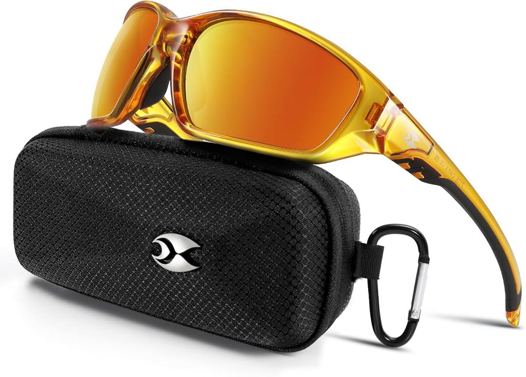 Sports Polarized Sunglasses for Men: Womens UV400 Protection Sun Glasses Wrap Around Goggles for Fishing Driving TR90 (C13-tea Orange)