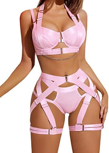 Avidlove Lingerie Set for Women Sexy Strappy Lingerie Underwire Push Up Bra Garter Set Lingerie with Chain,M
