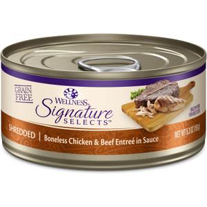 Wellness CORE Signature Selects Shredded Adult Canned Wet Cat Food, Natural, Protein Rich, Grain Free, Chicken and Beef Entre Recipe, 5.3 oz, Pack of 12 Cans (EXP 12/10/28)