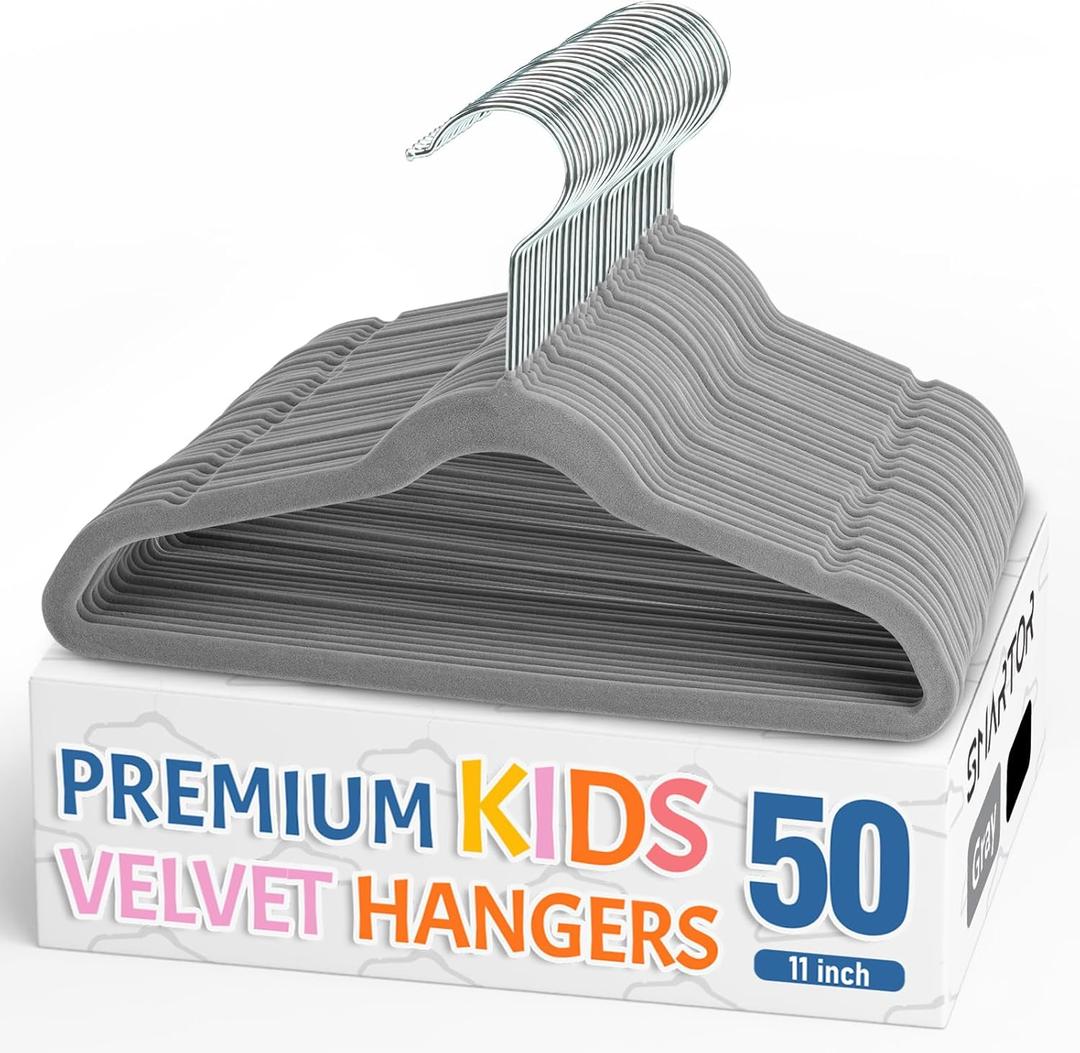Smartor Premium 11 Inch Baby Hangers 50 Pack, Grey Kids Velvet Hanger, Non Slip, Space Saving Felt Hangers Clothes Organizers for Closet with 360 Swivel Hook for Children, Infant & Toddler