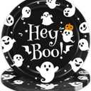 50Pcs Hey Boo! Paper Plates Baby Shower Birthday Halloween theme Party Decorations Happy Booday Party Decorations Black White & Orange