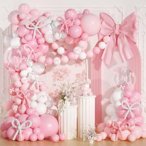 Pink Bow Balloons Arch Kit,JOGAMS 199Pcs Coquette Balloons Garland with 260 Clear Balloons Pink Ribbon Bow for Bow Coquette Birthday Decorations Bachelorette Baby Shower Bridal Shower