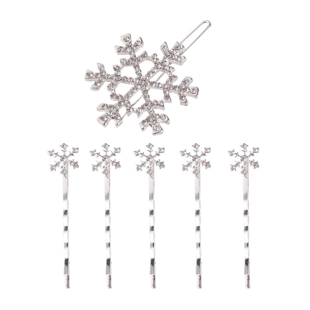 Beaupretty 6 Pieces Rhinestones Snowflake Hair Clips Winter Snowflake Hairpins Snowflake Bobby Pins Wedding Hair Clips Barrettes Christmas Hair Accessories for Women Girls(Silver)