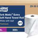 Tork Matic Extra Soft Paper Hand Towel Roll White with Blue Leaf H1, Premium, High Absorbency, 6 Rolls x 300 ft, 290094