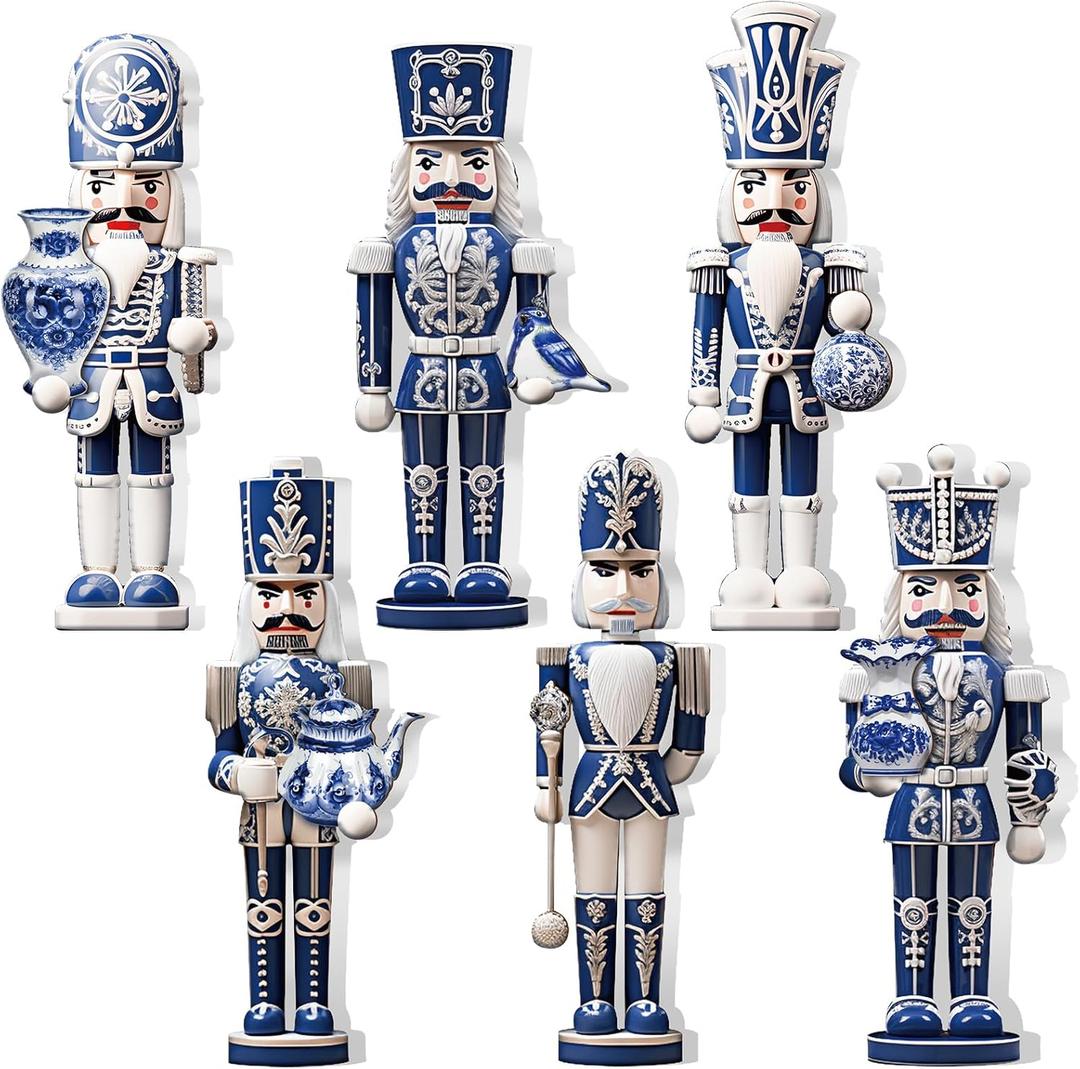 Yerliker 6 Pcs Christmas Nutcracker Table Decorations Wooden Blue White Porcelain Nutcracker Table Centerpiece Double Sided Chinoiserie Soldier Wood Signs for Christmas Tabletop Home Tiered Tray Decor