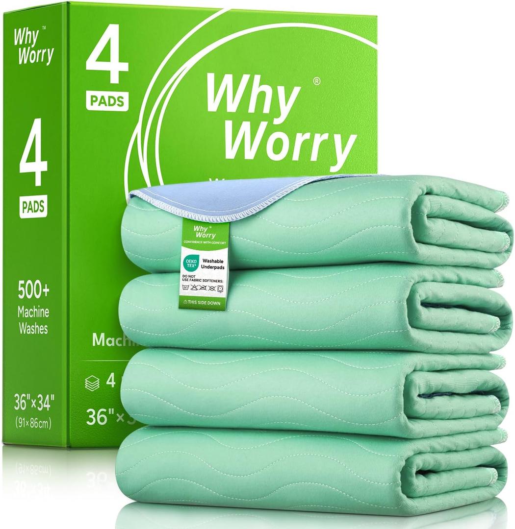 WhyWorry Washable Bed Pads for Adult Incontinence, 34" x 36" (Pack of 4) Washable Pee Pads for Bed Wetting, Heavy Absorbency Reusable Underpads for Elderly & Kids, Waterproof Mattress Protector, Green