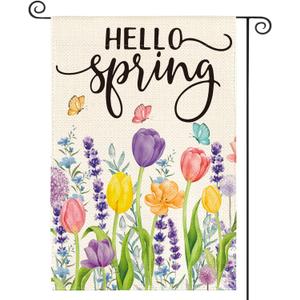 AVOIN colorlife Hello Spring Tulip Lavender Garden Flag 12 x 18 Inch Double Sided, Seasonal Flower Yard Outdoor Flag