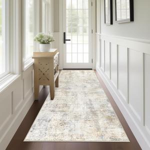 Capslpad 2x6 Beige Abstract Hallway Runner, Ultra Soft Fabric Washable Runner Rug, Non-Slip Rubber Backing, Stain Resistant Low Pile Runners for Hallways, Kitchen, Entryway, Bedroom, Laundry