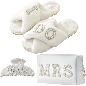 Bride To Be Gift Set Bride Makeup Bag I Do Bride Slippers Bride Robe Bride Hair Clip Bride Gifts Wedding Gifts (Slippers+Makeup Bag+Clip)