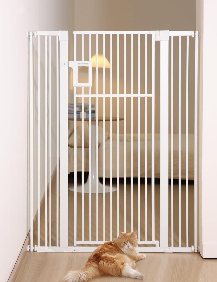 No Pawblems 55" Extra Tall Pet Gate for Cat, 29-43" Auto Close Cat Gate for Doorways/Stairs/Hallways, NO Drilling Pressure Mounted Tall Dog Gate Indoor, 1.37" Pet-Safe Gap, White