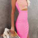 Pink Queen Women's Dresses Crew Neck Sleeveless Cutout Side Slit Bodycon Midi Party Dress (Pink, XL)