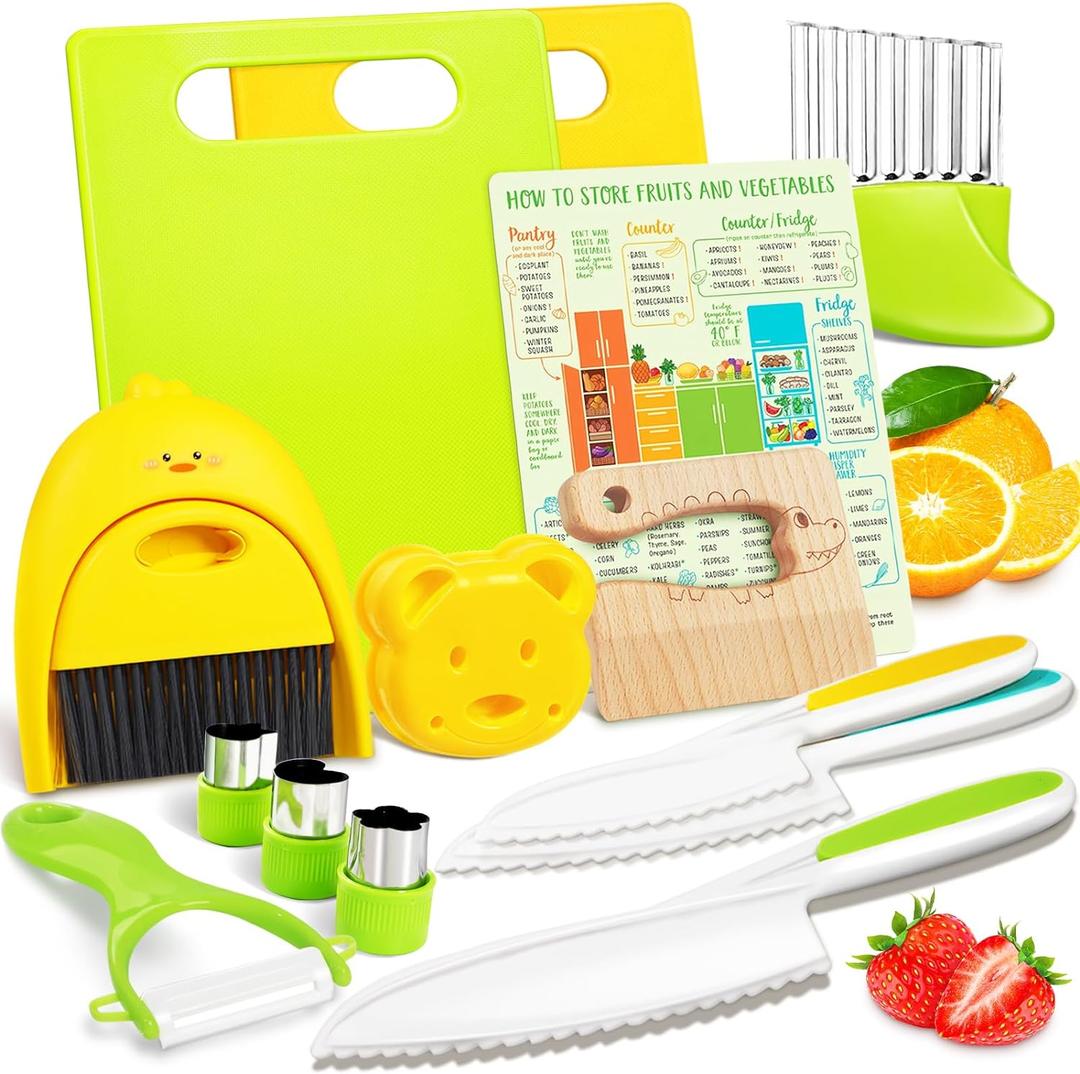 Suhctuptx Kids Knife Set For Real Cooking, Kids Kitchen Knives with Cutting Board Crinkle Cutters Food Conversion Chart & Cleaning Tools, Christmas Birthday Gifts Toddler Toys for Girls Boy Age 2-10 (Green and Yellow)