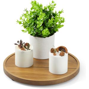 9 Inch Acacia Wood Round Tray, Wooden Decorative Coffee Table Tray Centerpiece Candle Holder for Farmhouse Kitchen Dining Room Home Bathroom Decor Coffee Table Decor and Accessories