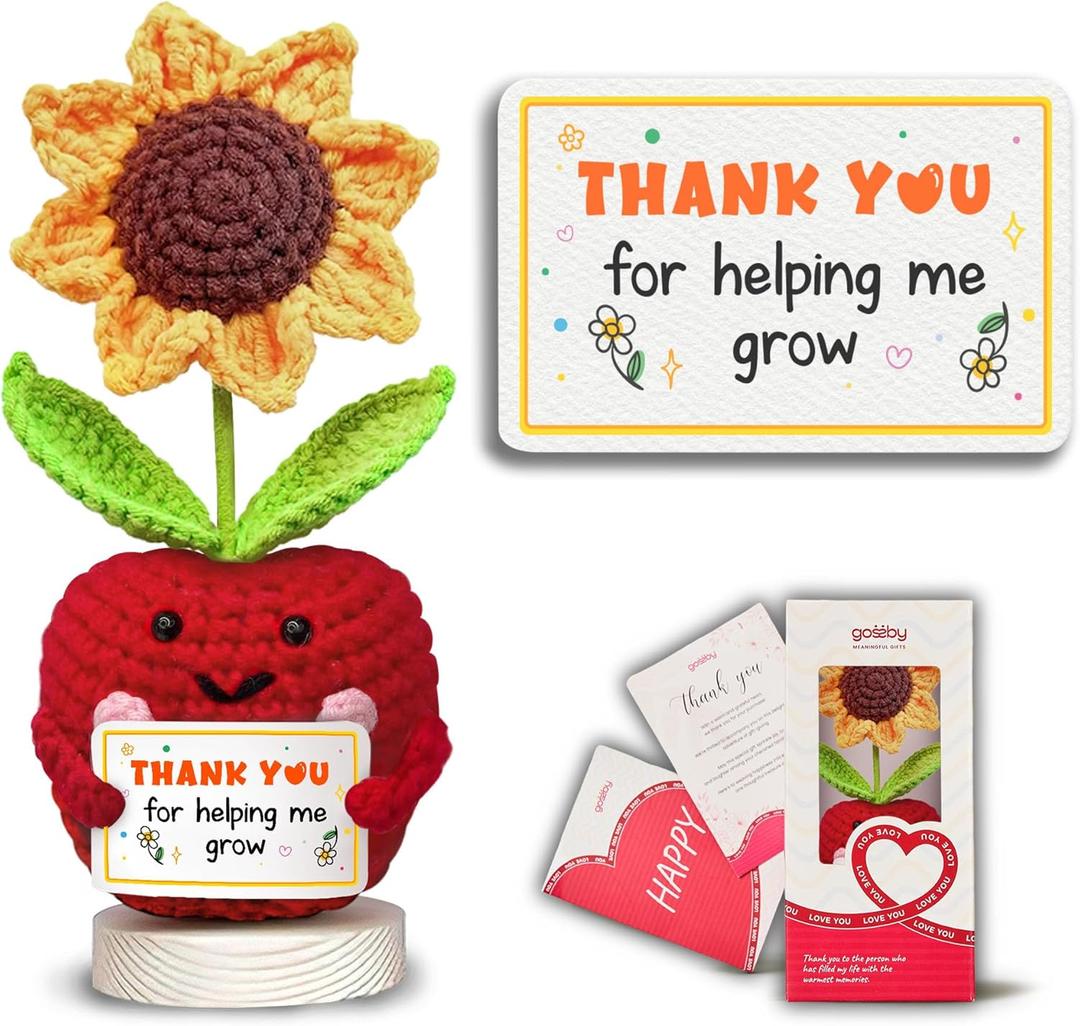 Gossby Handmade Positive Apple Crochet with Card - Thank You for Helping Me Grow - Teacher Appreciation Gift - Thank You, Birthday, Graduation, Last Day of School Gift for Teacher from Student
