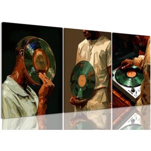AOYUSMO 3 Piece African American Wall Art Black Men Wall Decor Fashion Music Pictures Record Canvas Art Music Studio Paintings Modern Trendy Artwork For Living Room Bedroom 16"x24", 16x24in