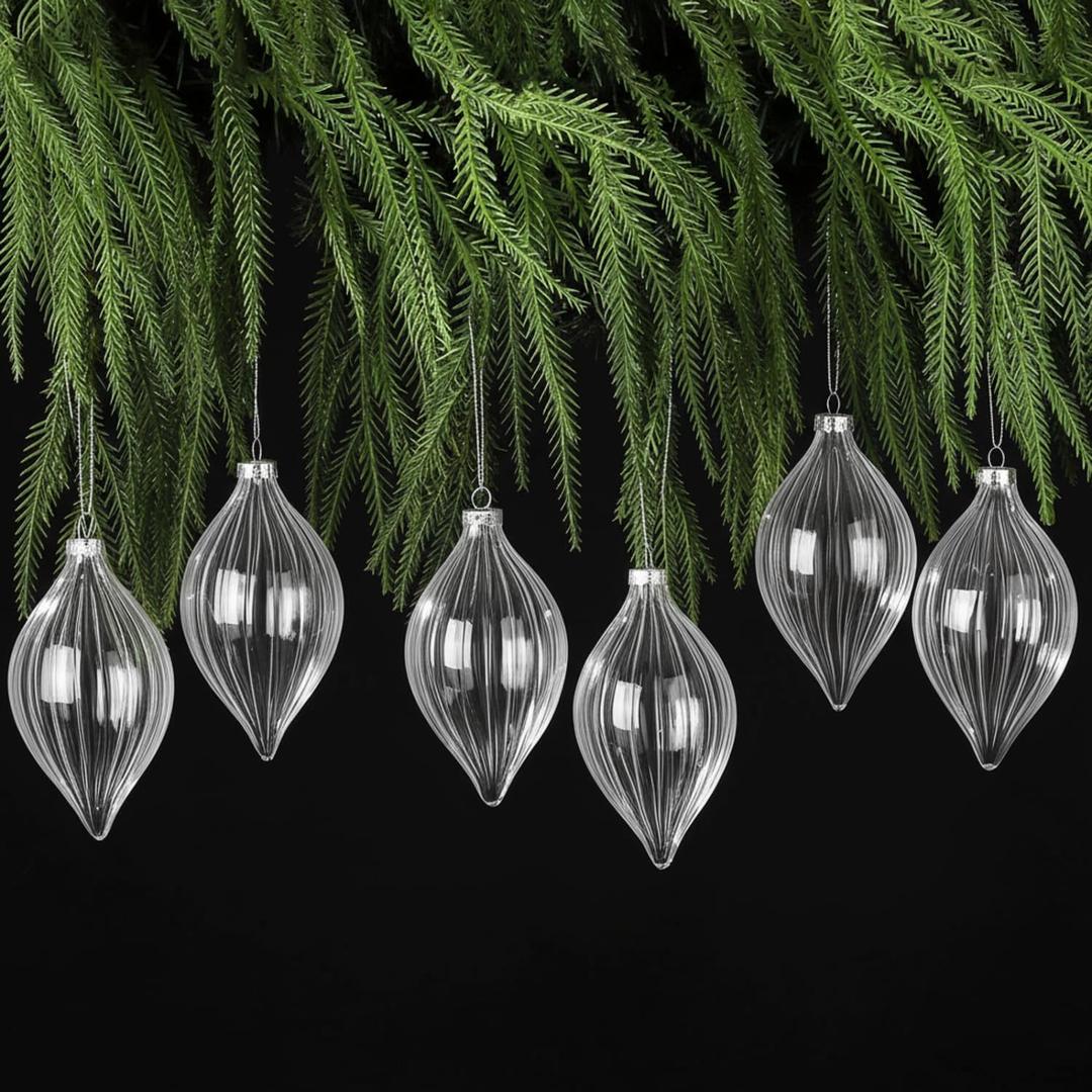 Sumind 6 Pcs 5.8" Glass Christmas Ornaments Hand Blown Glass Ornaments Crystal Balls DIY Clear Hanging Decorations with Metal Hook for Winter Xmas Tree Window Elegant Luxury Decor Gift(Stripe Style)