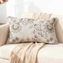 Floral Embroidered Lumbar Throw Pillow Cover 12x 20, Sequin Chinoiserie Flower Neutral Linen Pillow Cushion Cases, Farmhouse Decorative Pillows for Bed, Outdoor Couch White