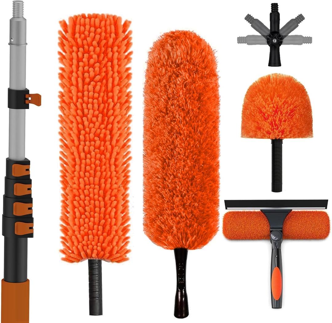 SISUPASSIE 30FT Reach High Ceiling Duster Kit, Window Cleaning kit with 5-24FT Extension Pole, Fan Duster for Ceiling Fan Blades, Microfiber Feather Duster, Rotatable Window Squeegee and Cobweb Duster