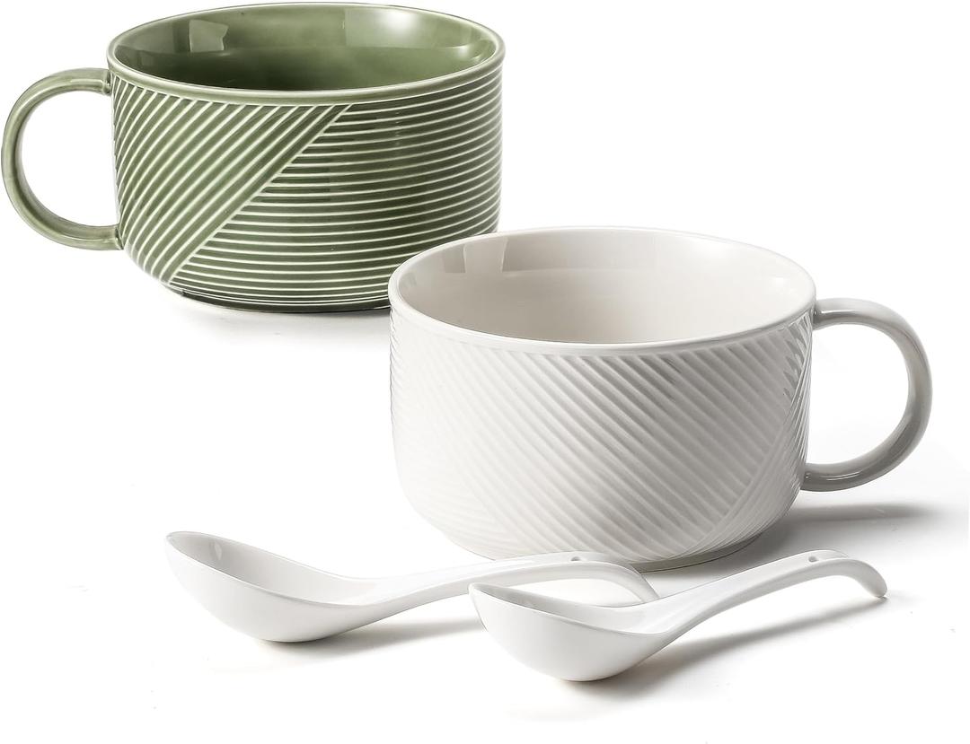Microwave Soup Bowls with Handles: 38 Ounce Extra Large Ceramic Soup Mug with Handle & Spoon - Oversized Ramen Bowl Set of 2, 6 Inch, Green & White