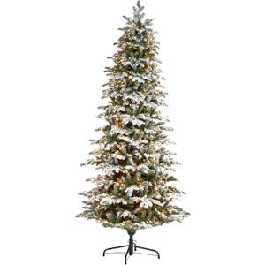 Nearly Natural 8ft. Flocked North Carolina Fir Artificial Christmas Tree with 650 Warm White Lights and 2593 Bendable Branches