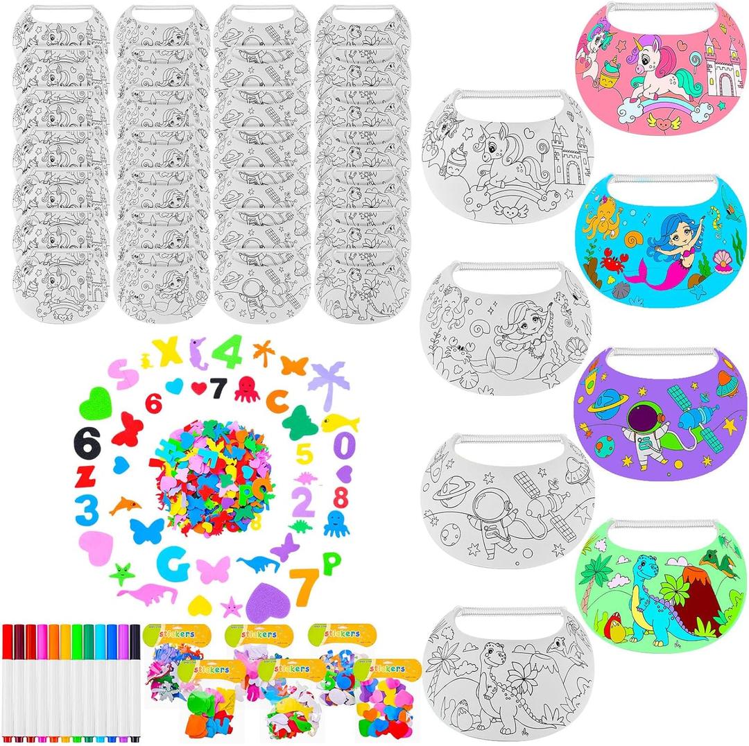 Hercicy 54 Pcs DIY Foam Visors for Kids: 36 White Sun Hats with Stickers & Markers for Crafts & Sports Activities