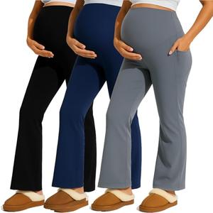 Coume 3 Pack Maternity Flare Leggings Dressy Pregnancy Maternity Pants Over The Belly Work Pregnant Sweatpants with Pockets, Size: L