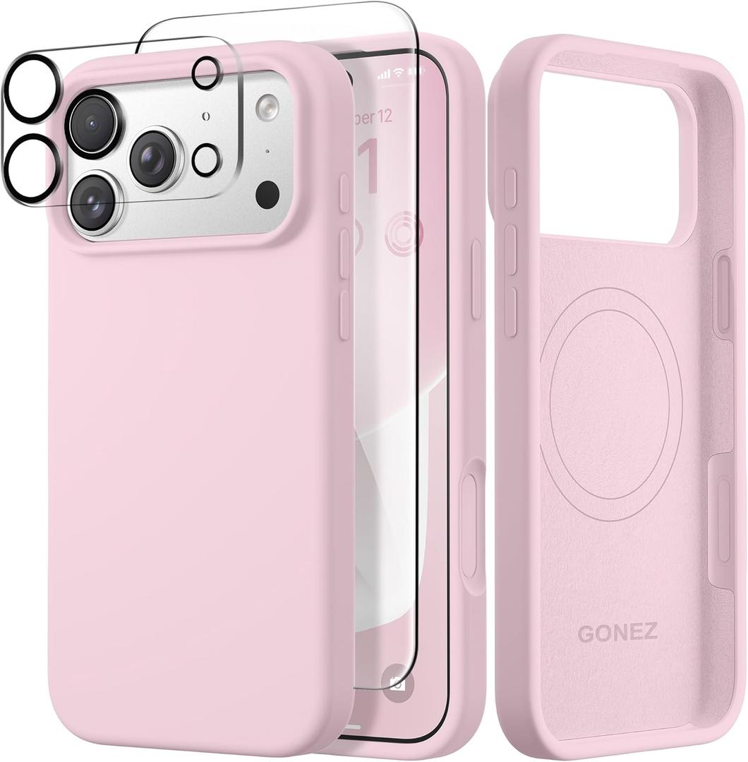 GONEZ Magnetic for iPhone 17 Pro Case, Compatible with MagSafe, [Screen Protector + Camera Lens Protector], Liquid Silicone Anti-Scratch Shockproof Protective Phone Case 6.3 inch, Pastel Pink
