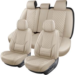 Leather Car Seat Covers Full Set Breathable Automotive Seat Covers Waterproof Seat Protectors Universal Fit for Most Automotive Cars SUV Trucks Van (Beige, Full Set)