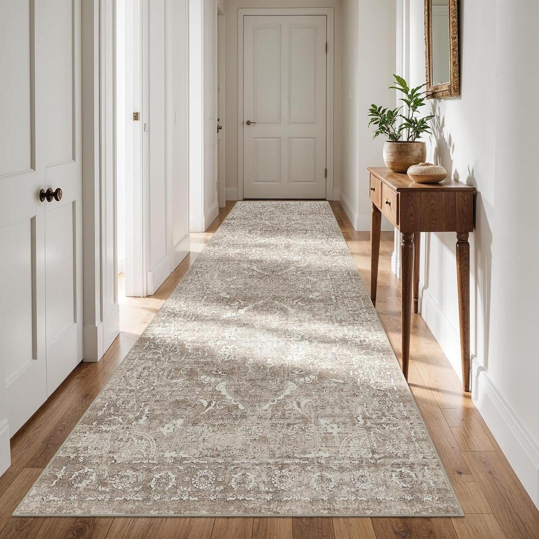 4x12 Washable Hallway Runner Rug - Wide Kitchen Runners Vintage Low Pile Carpet Soft Thin Floor Runner with Rubber Backing for Entryway Bedroom Living Room Home Decor (Beige)