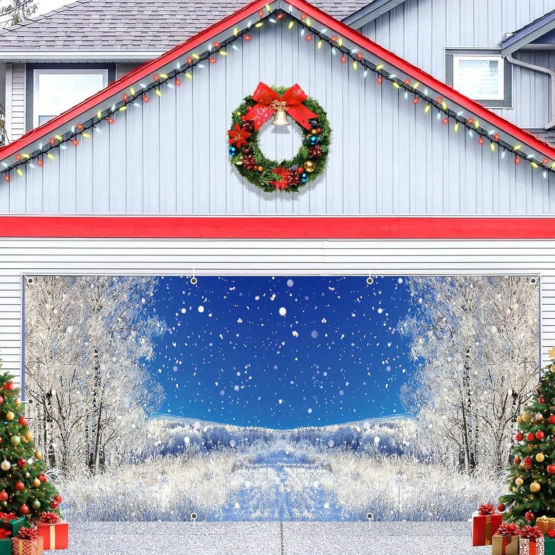 Winter Christmas Garage Door Cover Decorations 7x16ft Wonderland Forest Snow Snowflake Banner Large Xmas Holiday Party Backdrop Background Decor Supplies Outdoor Indoor