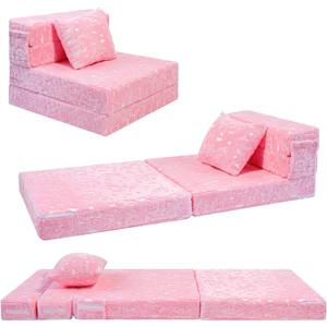 MeMoreCool Glow Pink Unicorn Tri-fold Sofa Bed for Kids, Foldable Futon Chair and Floor Couch, Convertible Trifold Mattress for Playroom