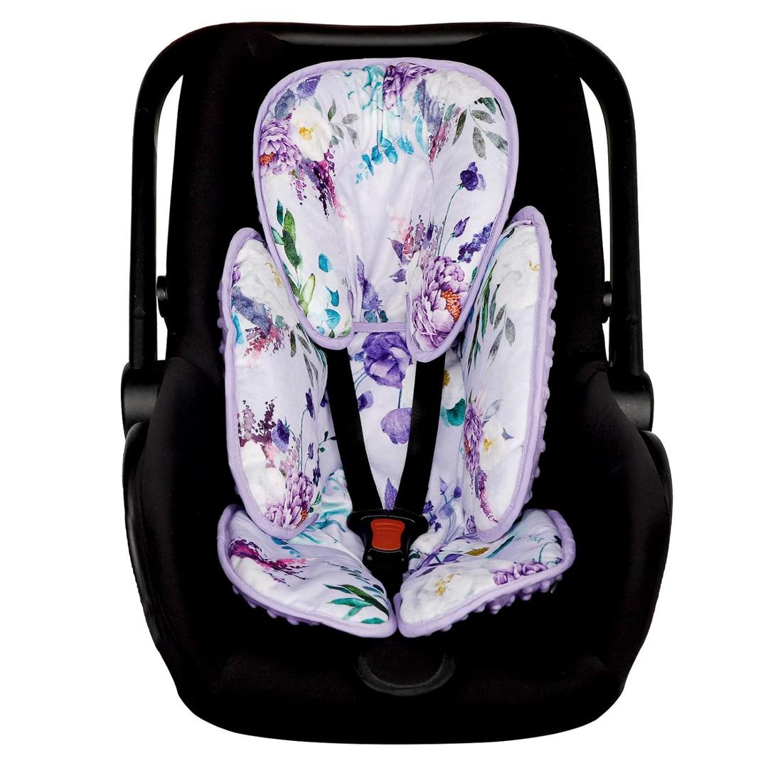 2 in 1 Infant Car Seat Insert, Car Seat Head Support Baby Girls Boys, Soft Newborn Carseat Insert Cushion, Perfect for Carseats, Strollers, Swings (Purple Flower)