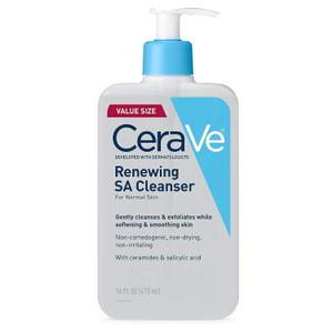CeraVe Renewing Salicylic Acid Cleanser, Formulated With Hyaluronic Acid, Niacinamide, & Ceramides, Gentle BHA Exfoliating Face Wash Smooths & Softens Skin, Non Comedogenic & Fragrance Free, 16 Ounce (16 Fl Oz (Pack of 1))
