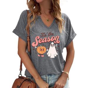 Halloween Shirts for Women Funny Halloween Pumpkin Graphic Short Sleeve Shirt Casual Fall Tee Tops (Large, Grey)