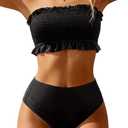 Tempt Me Women Bandeau High Waisted Bikini Sets Smocked Swimsuit Strapless Two Piece Bathing Suit, Medium