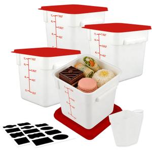Square Food Containers with Lids 4-Pack, Commercial Grade Plastic Bins for Restaurant Kitchen Pantry Storage, Freezer & Dishwasher Safe (Red, 8QT-4PACK)