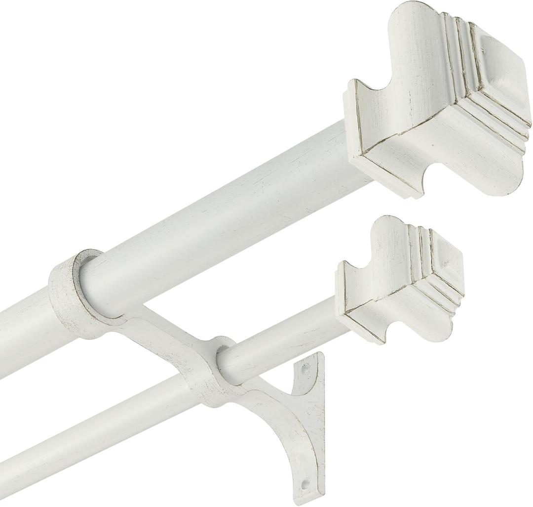 Double Curtain Rods for Windows 36 to 72 Inches, Heavy Duty Double Curtain Rod with Square Retro Finials and Double Aluminum Bracket, Adjustable Double Rod for Curtains,Antique White
