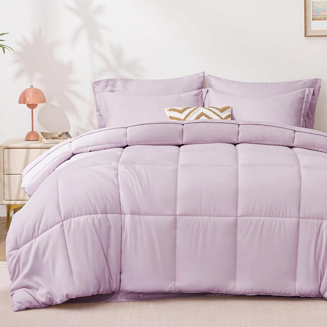 Love's cabin Twin Comforter Set Light Purple, 5 Pieces Twin Bed in a Bag, All Season Bedding Sets with 1 Comforter, 1 Flat Sheet, 1 Fitted Sheet, 1 Pillowcase and 1 Pillow Sham