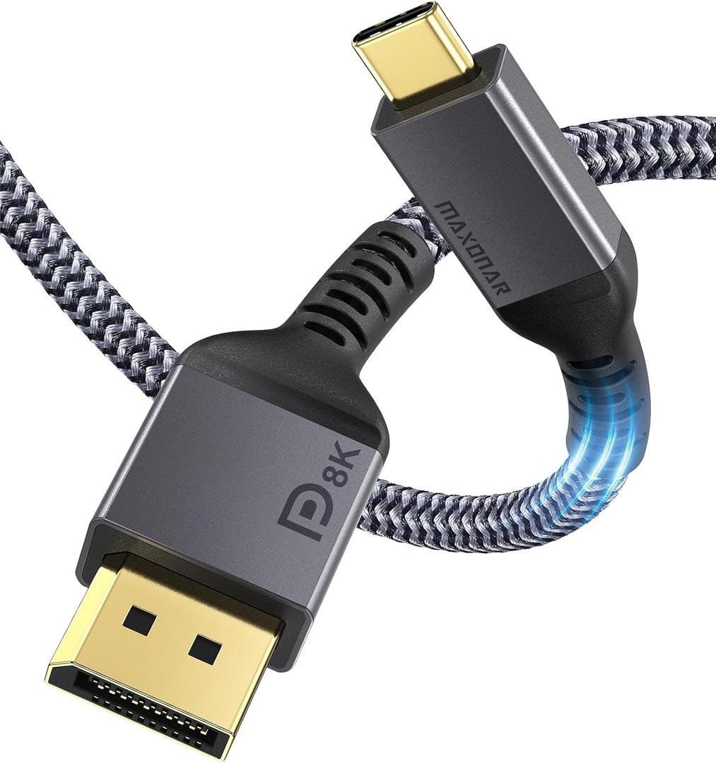 Maxonar VESA Certified USB C to DisplayPort 1.4 Cable (8K@60Hz/4K@144Hz) 32.4Gbps Uni-Directional Adapter Nylon Build HDCP, G-Sync for iPhone 17/16,MacBook Pro/Air,Odyssey G8/G9-6.6FT/2M