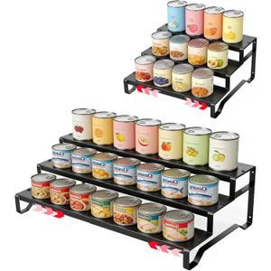 Attelite 3 Tier Expandable Can Rack Organizer for Pantry, Adjustable 13"-21" Metal Soda Can Organizer, Pantry Organization Canned Food Storage Holder for Kitchen Cabinet Countertop, Black 1Pack