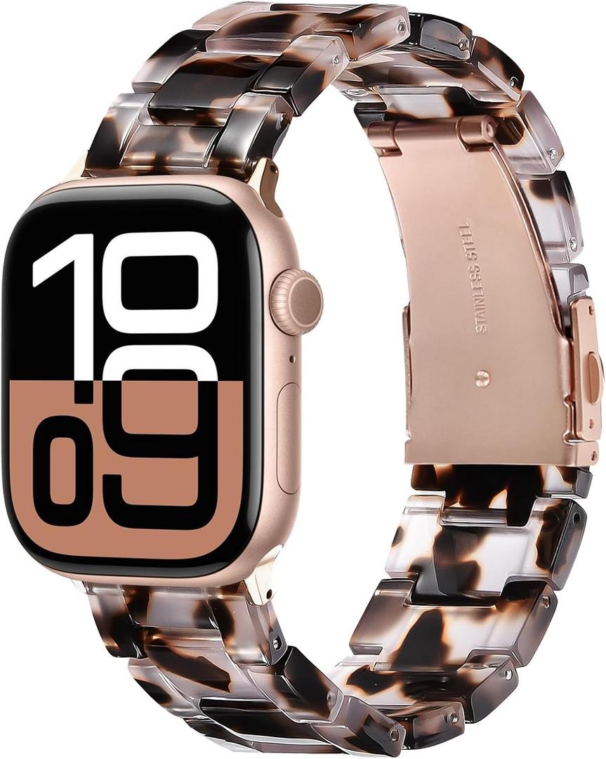 V-MORO Resin Strap Compatible with Apple Watch Series 11/10/9/8/7 40mm 41mm 42mm 38mm Lightweight Fashion Wristband Bracelet for iWatch Series 6/5/4/3/2/1 with Rose Gold Buckle Clear Tortoise