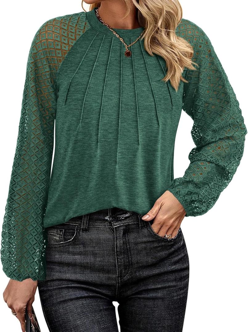 KIRUNDO Womens Tops 2025 Trendy Spring Lace Long Sleeve Dressy Casual Blouses Pleated Business Work Shirts Clothing(Green, Small) (Green, S)