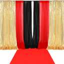 7 Pcs Red Black Gold Movie Night Sequin Backdrop Curtains 2ft x 8ft Photo Background Curtain Stage Door Entrance Runner Cover for New Year Movie Night Theme Party Wedding Birthday Decor
