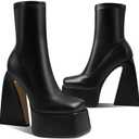 Uacllcau Platform Boots for Women Mid Calf Boots Square Toe Chunky High Heel Boots Side Zipper Ankle Booties (8, Black Pu)