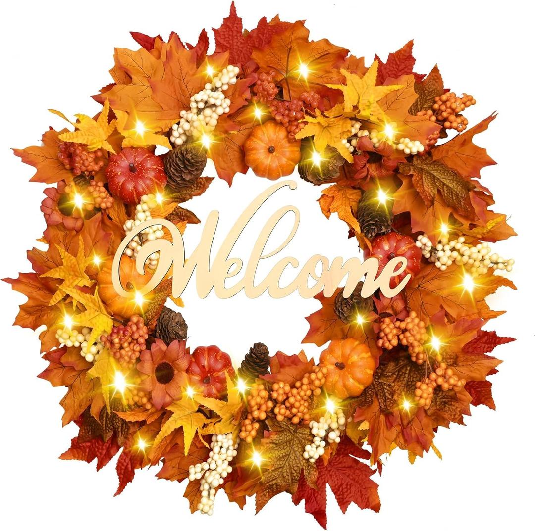 Waipfaru Fall Decor, Fall Wreaths for Front Door, Autumn Wreath with Lights and Welcome Sign, 20'' Outdoor Reef for Thanksgiving Farmhouse Front Porch Patio Decoration (1 Pack, Orange)