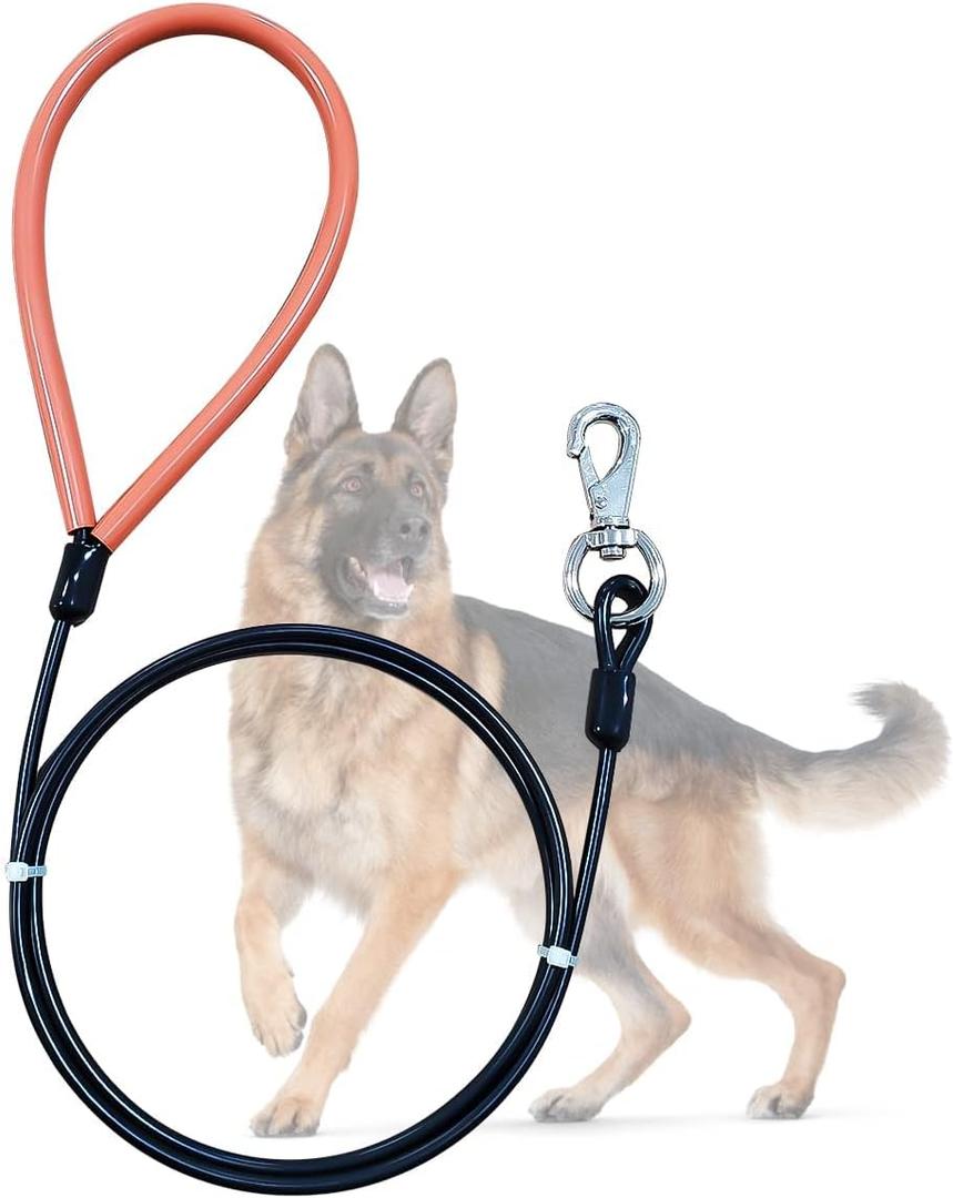 Heavy Duty Dog Leash, Chew Proof Metal Leash for Large Dogs (Up to 250lbs), 10ft WireRope Dog Leashes with Soft Silicone Grip (10 FT, Black)