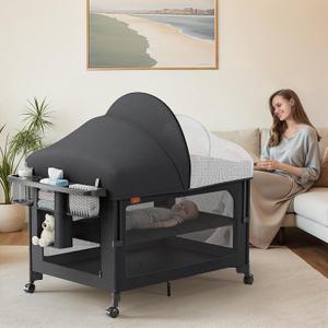 4 in 1 Baby Bassinet, Pack and Play, Bedside Crib Sleeper, Diaper Changer, Quickly Assembled and Folded Portable Crib with Mattress and Mosquito Net, Easy to Carry (Black)