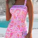 ROSEWE Womens Tummy Control Tankini Bathing Suits, Two Piece Ruched Swimsuits, Floral Print Swimdress with Skirt (Pink, M)