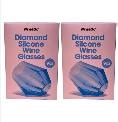 Wine2Go Diamond Silicone Wine Glasses 9oz, 2pack